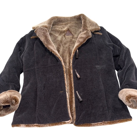 Fjall Jackets & Blazers - Vintage Toggle Coat Penny Lane Grey Faux Fur Trim Wool Blend Fjall